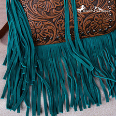 Montana West Genuine Leather Tooled Silver Turquoise Concho Fringe Crossbody