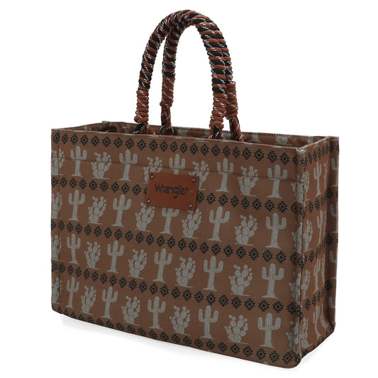 WG284-8119B Wrangler Cactus Oversized Tote Bag Braided Handles Weekender Bag- Coffee