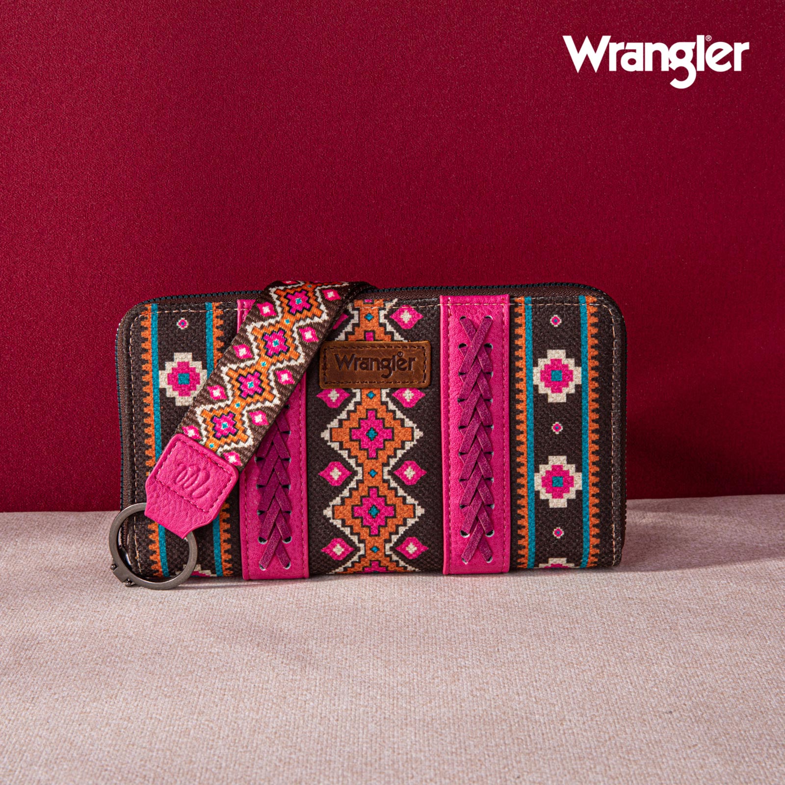 2024 New Wrangler Aztec Southwestern Pattern Canvas Wallet with Wristlet Strap Coffee