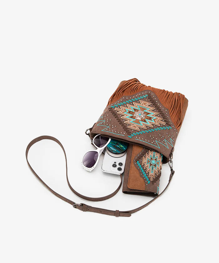 Montana West Aztec Fringe Concealed Carry Crossbody Purse Coffee