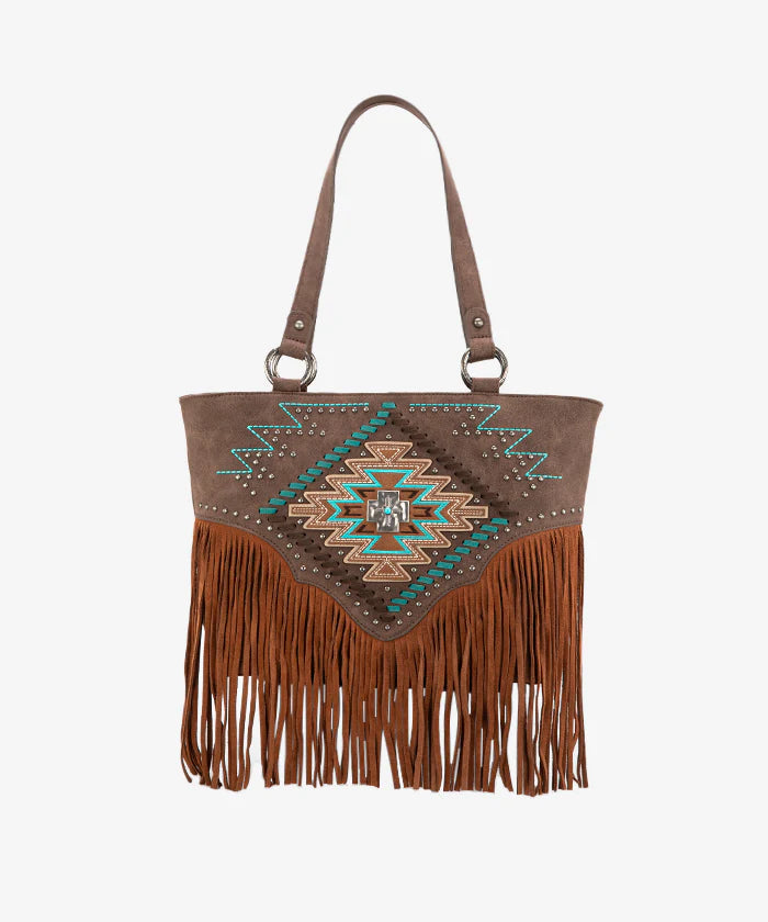 Montana West Aztec Fringe Concealed Carry Tote Bag Coffee