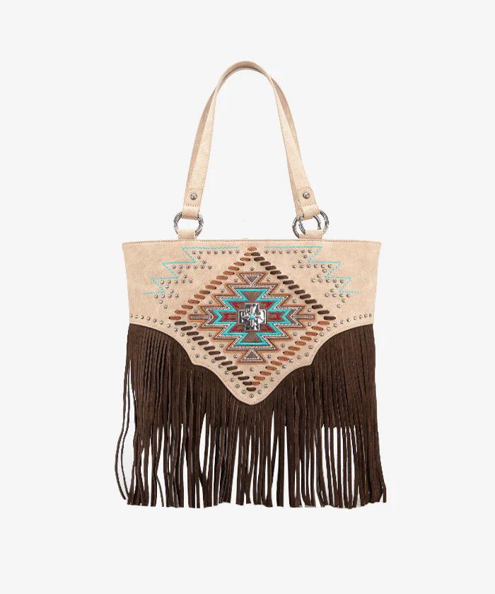 Montana West Aztec Fringe Concealed Carry Tote Bag Tan