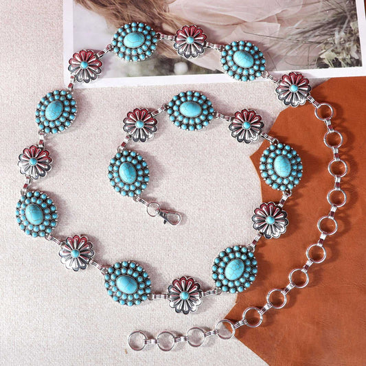 Rustic Couture Etched Oval Flower Stone Concho Link Chain Belt
