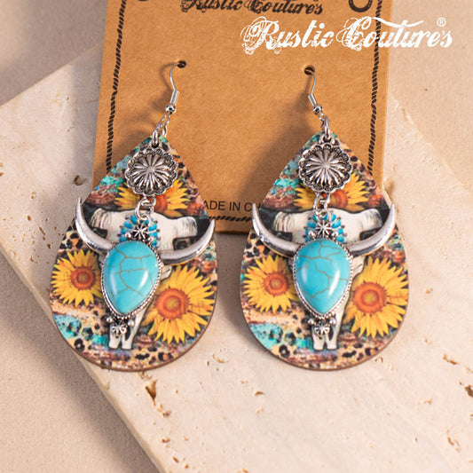 Rustic Couture's® Metal Sunflower Wood Painted Bull Skull Dangling Earring