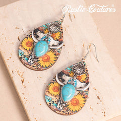 Rustic Couture's® Metal Sunflower Wood Painted Bull Skull Dangling Earring