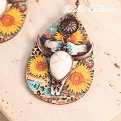 Rustic Couture's® Metal Sunflower Wood Painted Bull Skull Dangling Earring