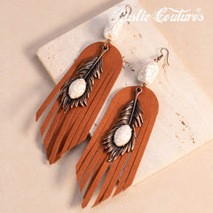 Rustic Couture's® Leather Feather Natural Stone Dangling Earring