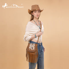 Montana West Genuine Leather Tooled Collection Fringe Crossbody