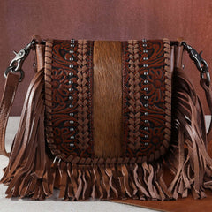 Montana West Genuine Leather Tooled Collection Fringe Crossbody