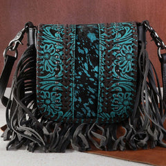 Montana West Genuine Leather Tooled Collection Fringe Crossbody