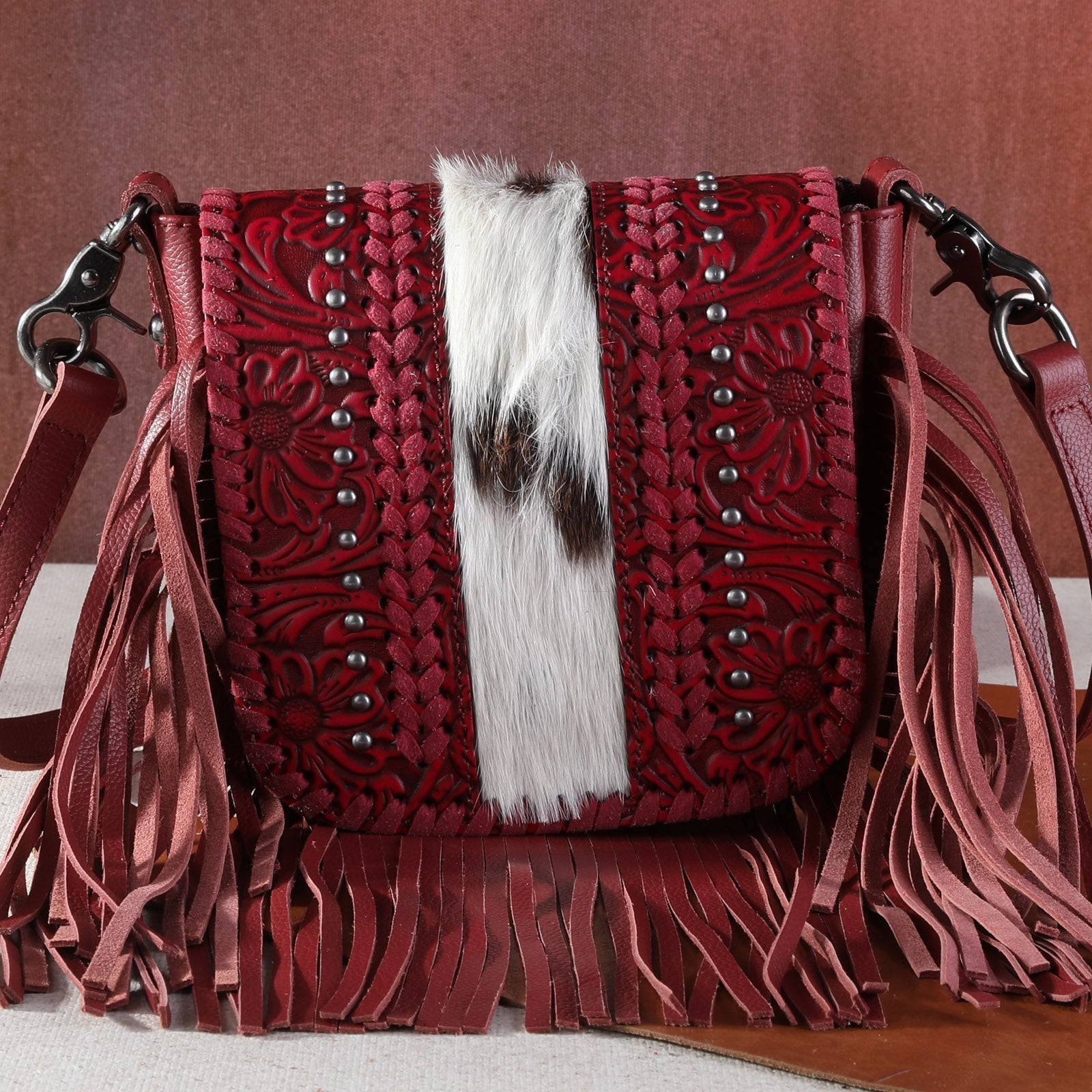 Montana West Genuine Leather Tooled Fringe Crossbody - Montana West World