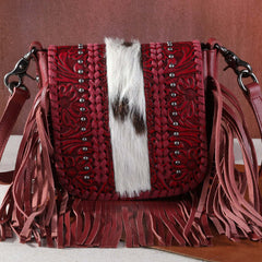 Montana West Genuine Leather Tooled Collection Fringe Crossbody