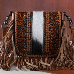 Montana West Genuine Leather Tooled Collection Fringe Crossbody