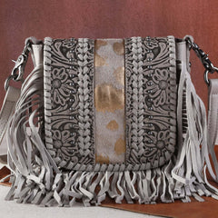 Montana West Genuine Leather Tooled Collection Fringe Crossbody