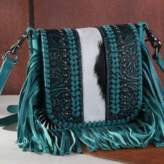 Montana West Genuine Leather Tooled Collection Fringe Crossbody