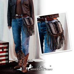 Montana West Genuine Leather Tooled Fringe Crossbody