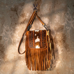 Montana West Genuine Leather Tooled Fringe Crossbody