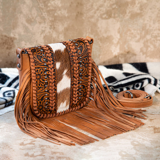 Montana West Genuine Leather Tooled Fringe Crossbody