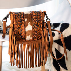 Montana West Genuine Leather Tooled Fringe Crossbody