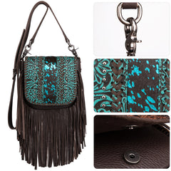 Montana West Genuine Leather Tooled Fringe Crossbody