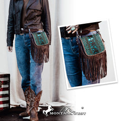 Montana West Genuine Leather Tooled Fringe Crossbody