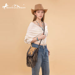 Montana West Genuine Leather Tooled Collection Fringe Crossbody