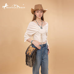 Montana West Genuine Leather Tooled Collection Fringe Crossbody
