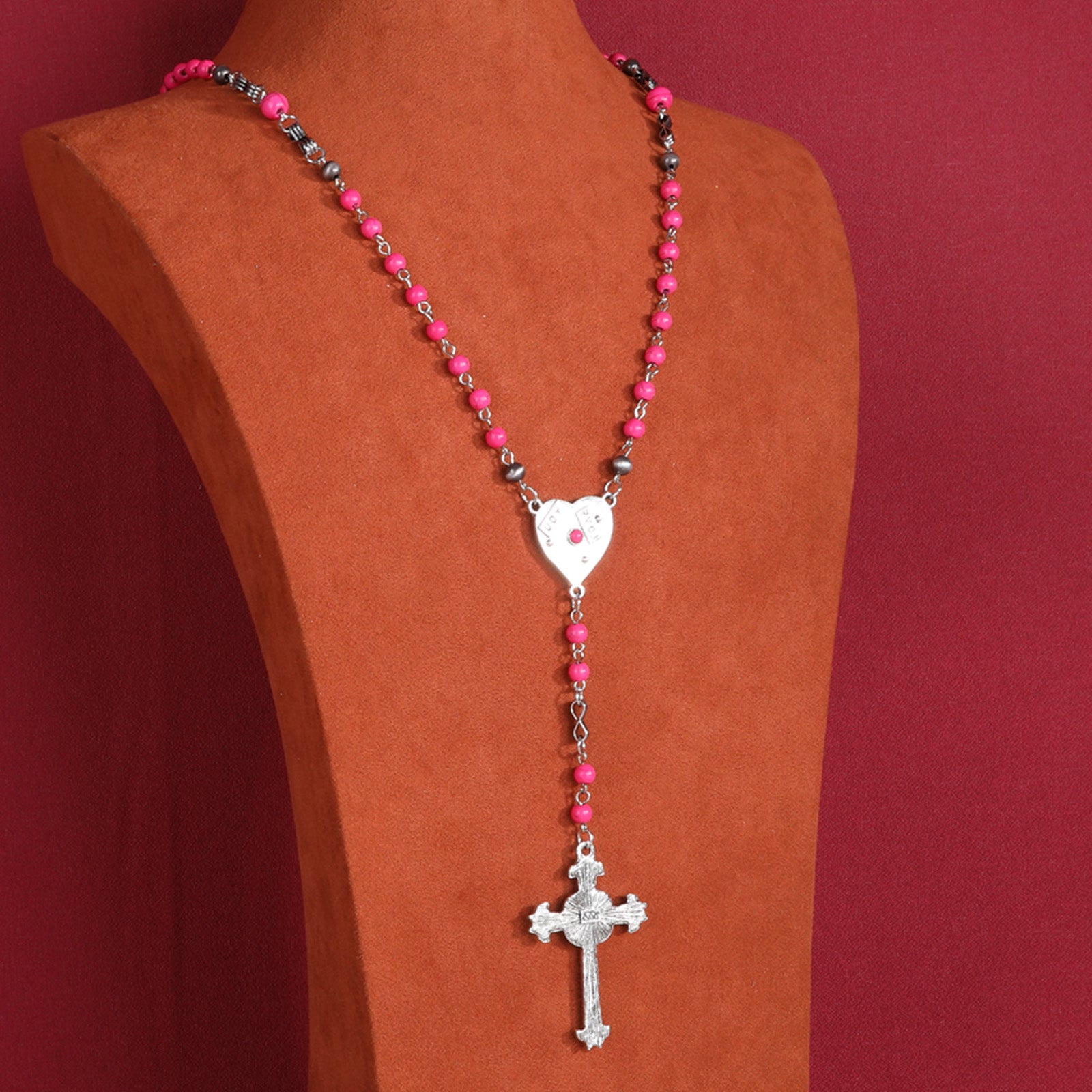 Rustic Couture's Beaded Heart Shape Cross Pendant Necklace