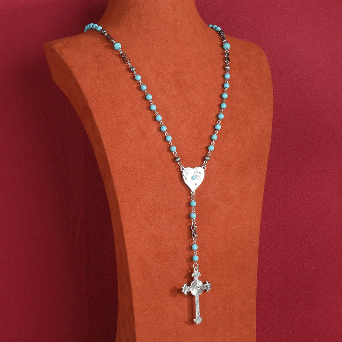 Rustic Couture's Beaded Heart Shape Cross Pendant Necklace