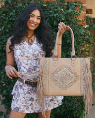 Montana West Fringe Tooled Carry Tote Set