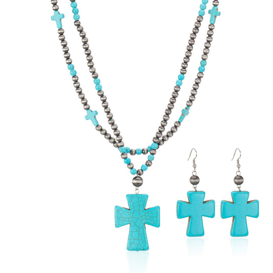 Rustic Couture's® Beaded Layered Turquoise Cross Necklace Earrings Set