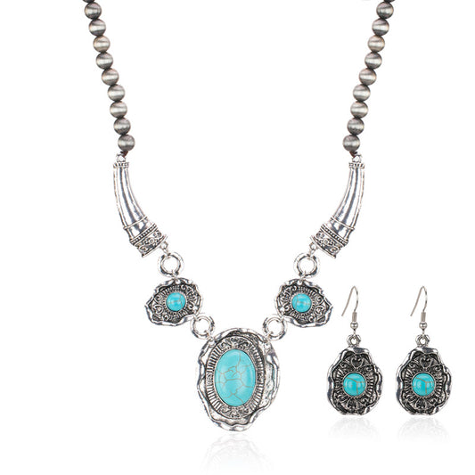 Rustic Couture's® Oval Turquoise Pendant Beaded Necklace Set