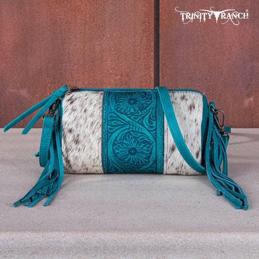 Trinity Ranch Genuine Hair-On Cowhide /Tooled Fringe Collection Barrel Crossbody