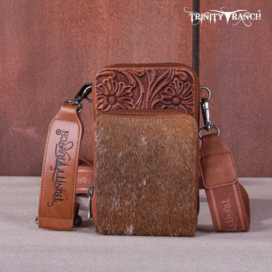 Trinity Ranch Genuine Hair-On Cowhide /Tooled  Collection Phone Purse with Coin Pouch