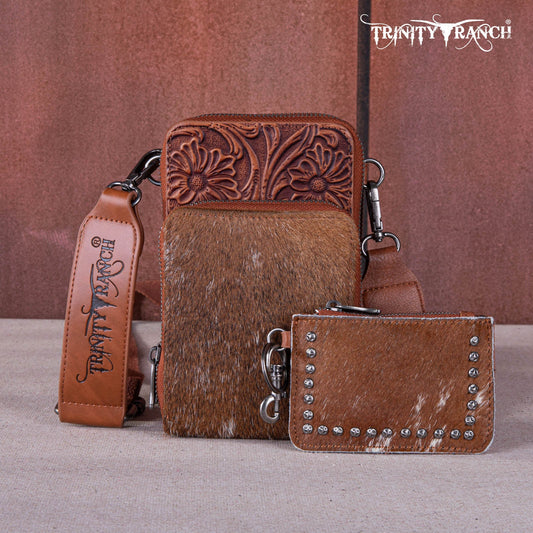 Trinity Ranch Genuine Hair-On Cowhide /Tooled  Collection Phone Purse with Coin Pouch