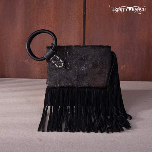 TR167-A181 Trinity Ranch Genuine Hair-On Cowhide Ring Handle Wristlet Clutch Bag - Black