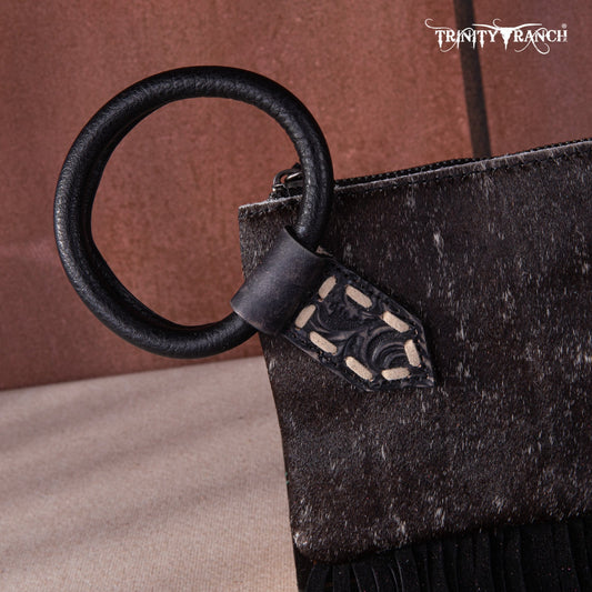 TR167-A181 Trinity Ranch Genuine Hair-On Cowhide Ring Handle Wristlet Clutch Bag - Black