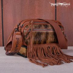 TR165-197  Trinity Ranch Genuine Hair-On Cowhide Triple Zippered Pocket Fringe Belt Bag