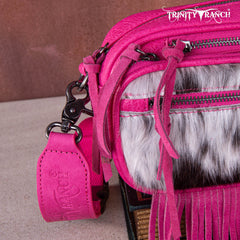 TR165-197  Trinity Ranch Genuine Hair-On Cowhide Triple Zippered Pocket Fringe Belt Bag