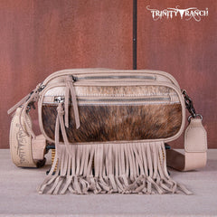 TR165-197  Trinity Ranch Genuine Hair-On Cowhide Triple Zippered Pocket Fringe Belt Bag