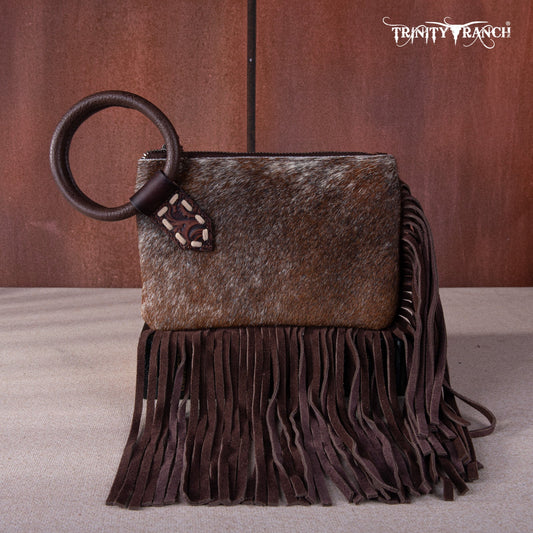 TR167-A181 Trinity Ranch Genuine Hair-On Cowhide Ring Handle Wristlet Clutch Bag - Coffee