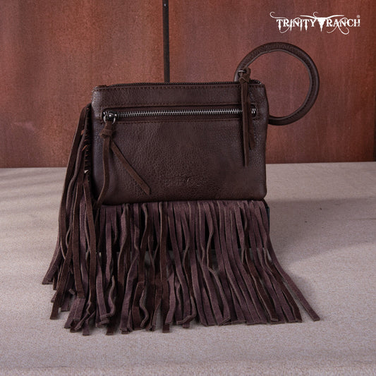 TR167-A181 Trinity Ranch Genuine Hair-On Cowhide Ring Handle Wristlet Clutch Bag - Coffee