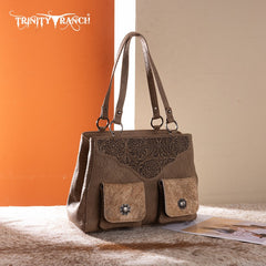 Trinity Ranch Genuine Hair-On Cowhide Tooled Collection Concealed Carry Tote
