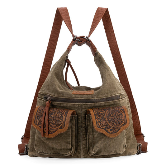 WG103-2008  Wrangler Floral Tooled Denim Hobo/Crossbody Backpack (Convertible ) Olive