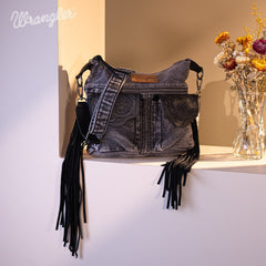 WG103-2009S Wrangler Fringe Floral Tooled  Denim Crossbody - Black