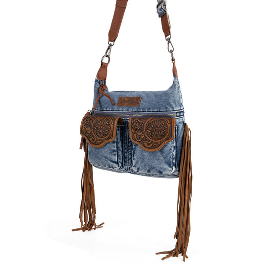 WG103-2009S Wrangler Fringe Floral Tooled  Denim Crossbody - Jean