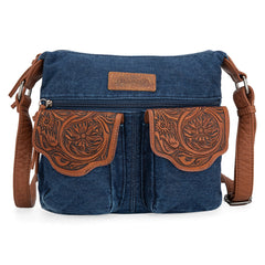 WG103-2009 Wrangler  Floral Tooled  Denim Crossbody Navy