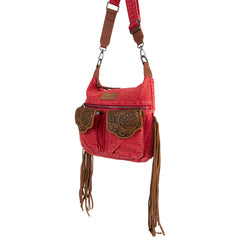 WG103-2009S Wrangler Fringe Floral Tooled  Denim Crossbody - Red