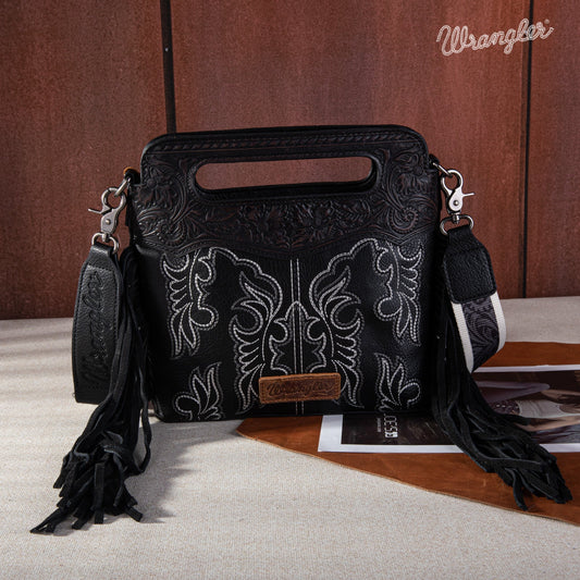 WG110-2022  Wrangler Top Handle Embroidered Fringe Mini Tote/Crossbody - Black