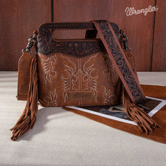 WG110-2022  Wrangler Top Handle Embroidered Fringe Mini Tote/Crossbody - Brown